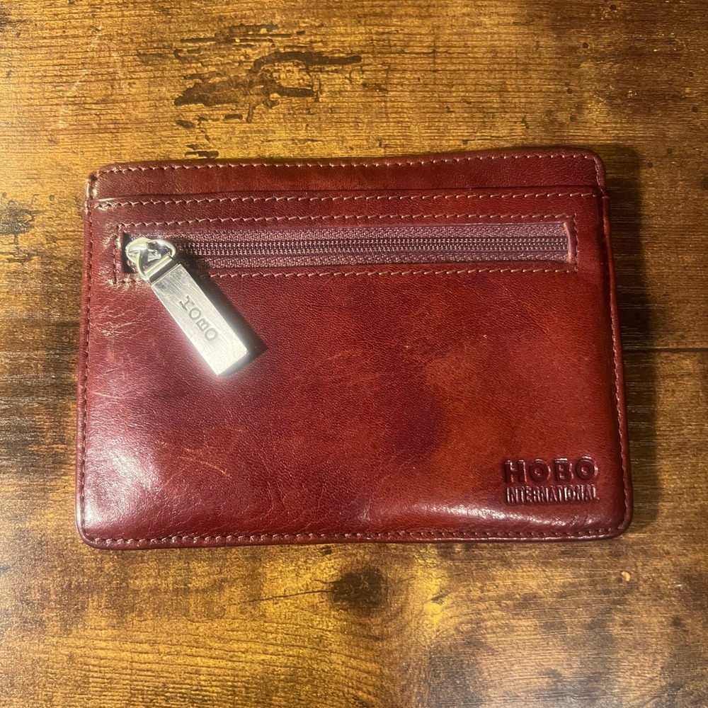 HOBO International Burgundy Leather Card Case Wallet with ID Window and Zipper